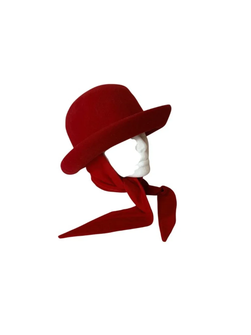 Red DoeSkin Wool Felt Church Hat VTG Scarf Tie Cloche by Bollman USA Millinery